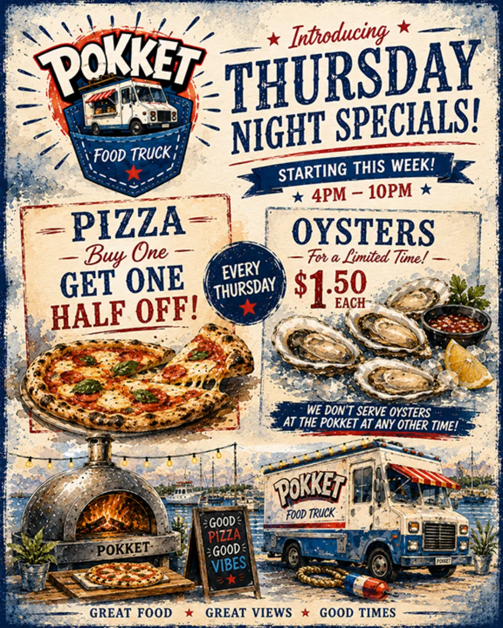 Hand-painted poster: Thursday Night Specials at The Pokket food truck. Pizza buy one get one half off, oysters $1.50 each, 4pm to 10pm.